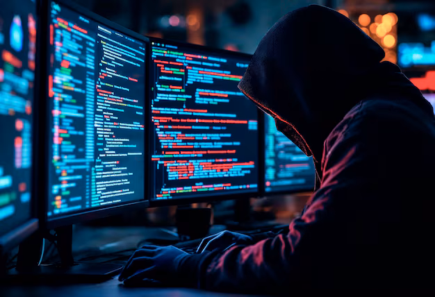 Hacker at computer with code - Hacker working on computer with code | AI-generated image