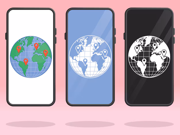 smartphone map pins - Smartphone world globe travel map pins | Premium Vector
