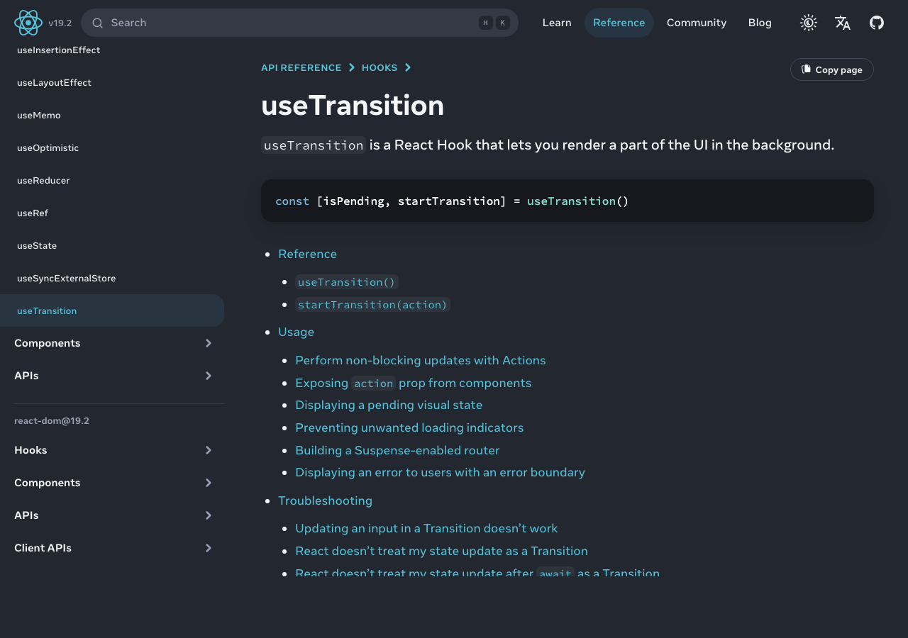 React docs page for useTransition