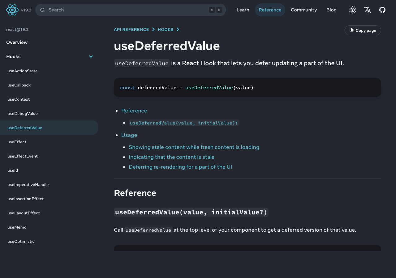 React docs page for useDeferredValue