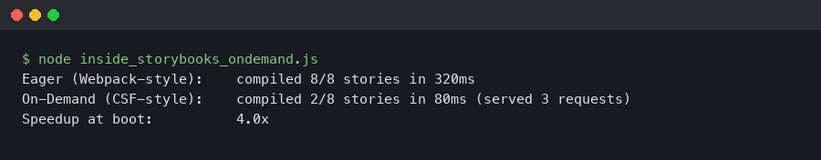 Terminal output for Inside Storybook's On-Demand Compilation: How CSF Boots Faster Than Webpack