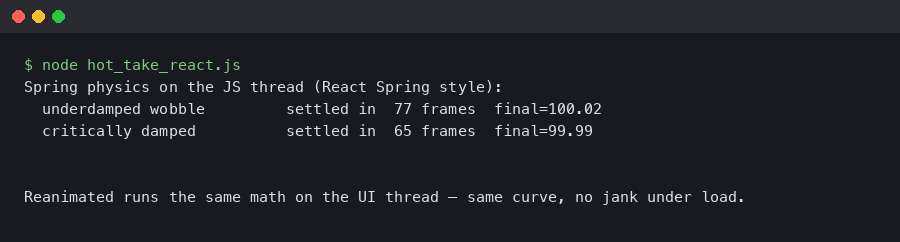 Terminal output for Hot take: React Spring lost the animation war to Reanimated